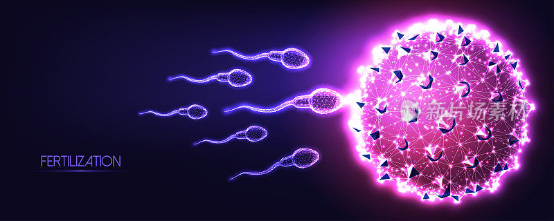 Futuristic natural fertilization concept with glowing low polygonal human sperm and egg cells